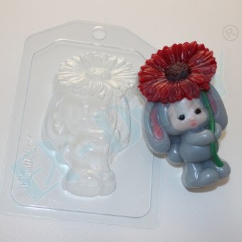 Зайка малыш с цветком пластиковая форма для мыла